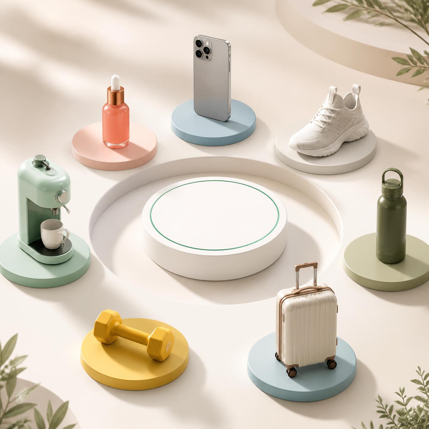 Technology, beauty, fashion, home, fitness and travel products arranged around one personal selection